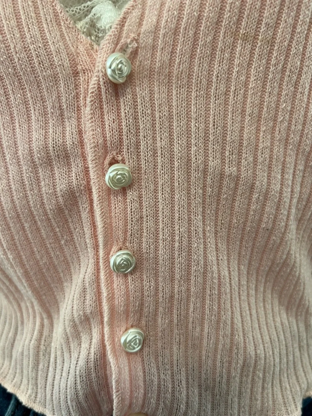 Pink Ribbed Lace Trim Crop Top Button Front Coquette Style Size L - Picture 6 of 8